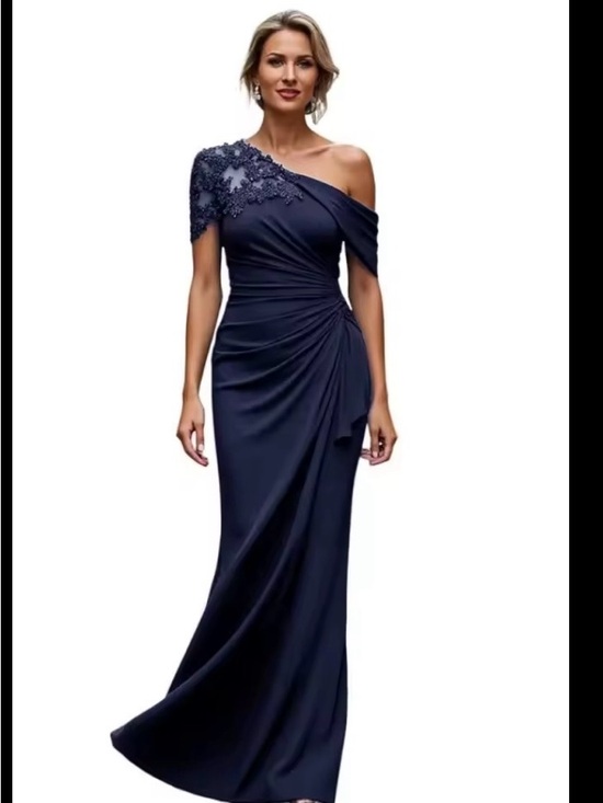 Dresses & Skirts - Elegant One-Shoulder Navy Evening Dress